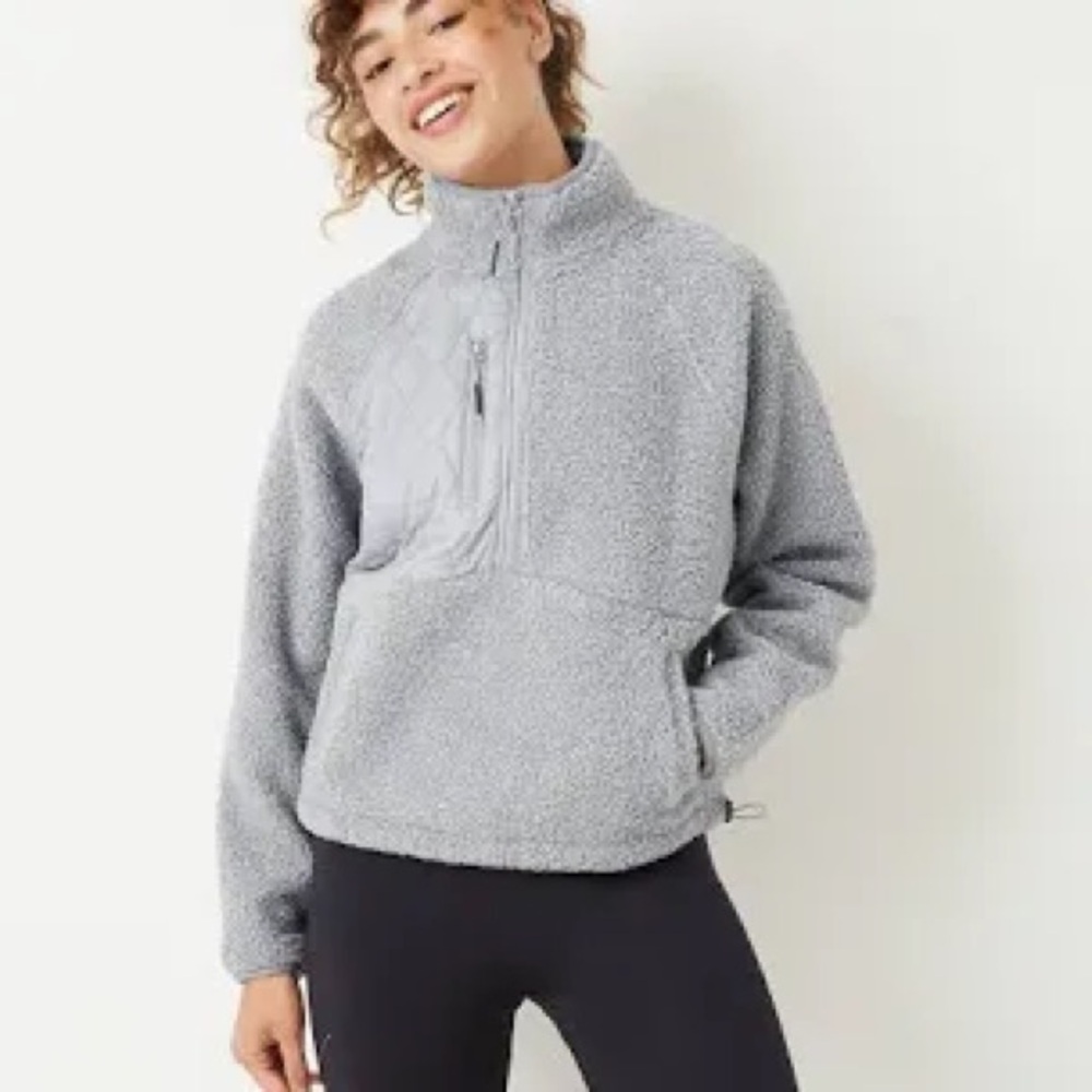 Women's Gray Fleece Sherpa half zip Jacket